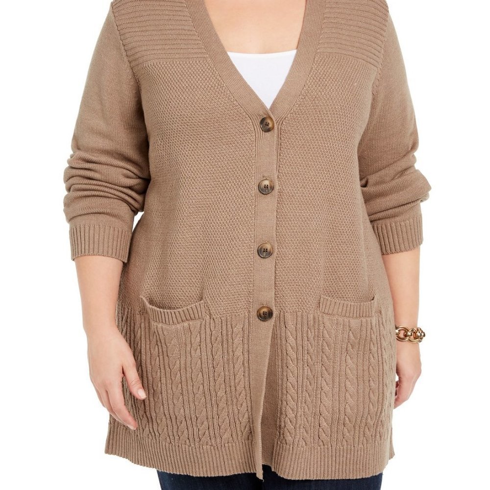 Karen Scott Plus Size Ribbed Knit Cardigan Sweater - Picture 3 of 5